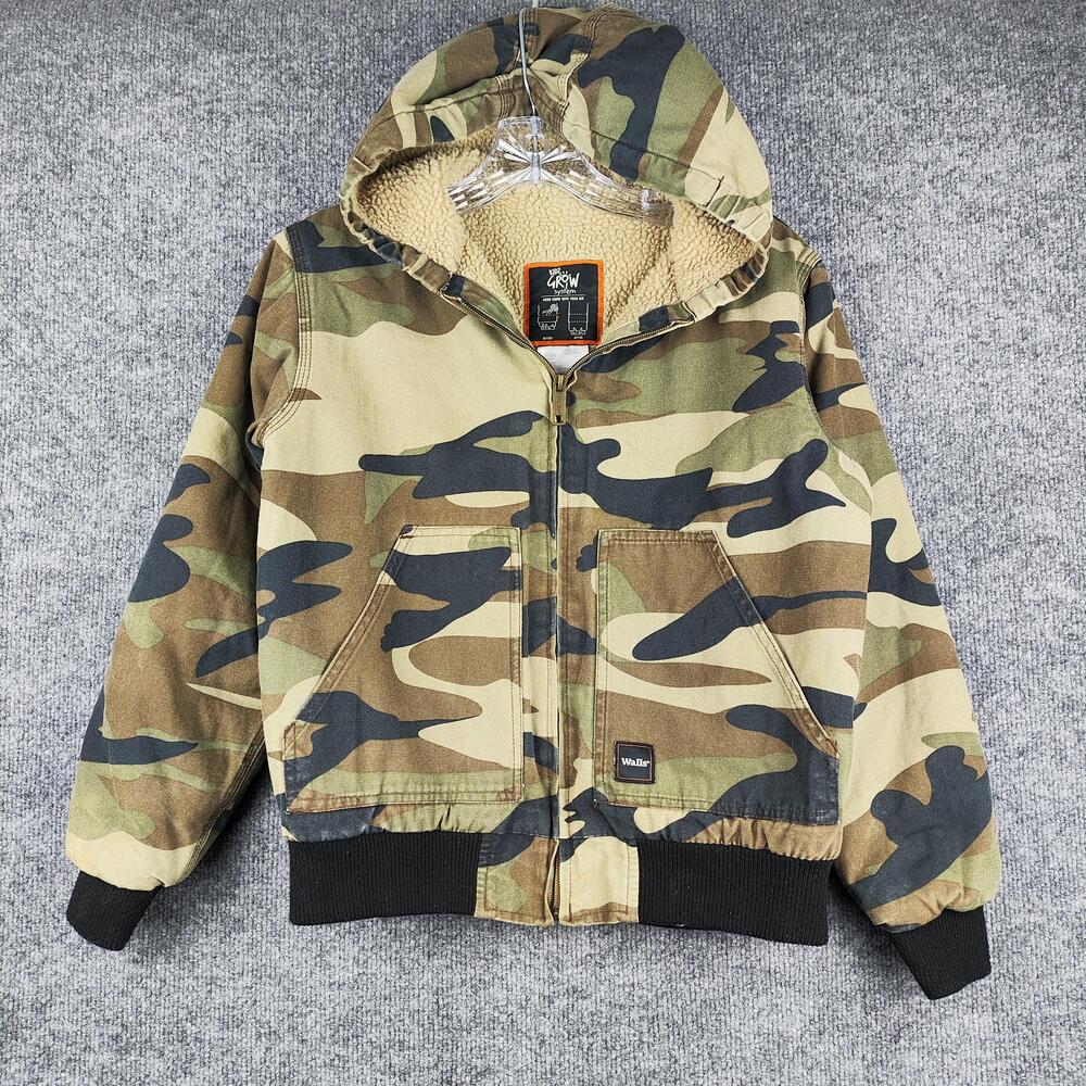 Walls Jacket Youth 10 Green Camo Hooded Sherpa Lined Canvas Bomber Insulated